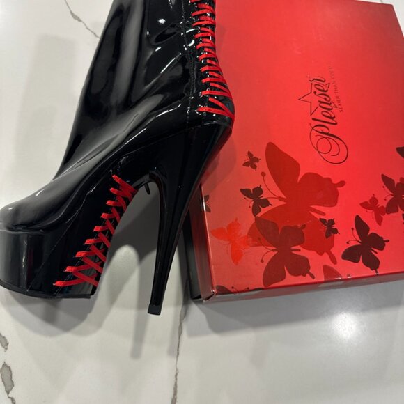 Pleaser heels, Women's 8M, NWT, Patent Black Red lace, booties, womens shoes - Picture 4 of 6